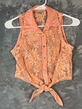 Love Culture Lace Tie Front Crop Top Peach Sheer Sleeveless Boho Festival Size S